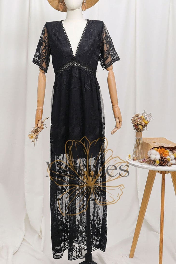 Robe Longue Bohème Noire en Dentelle – Hanaé – Image 2