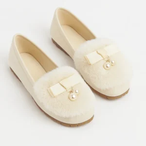 Ballerines à nœud en perles en fausse fourrure pour femmes