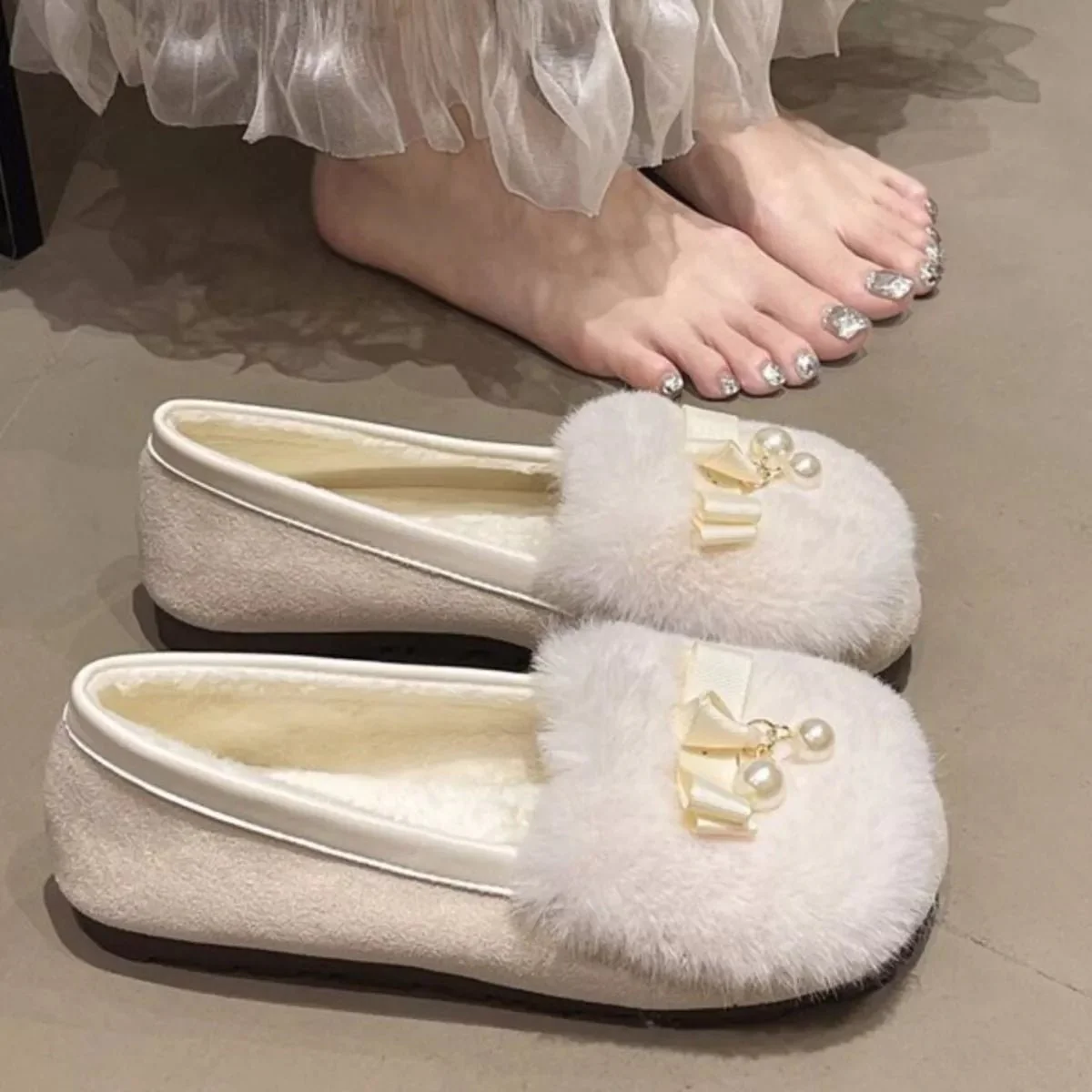 Ballerines à nœud en perles en fausse fourrure pour femmes – Image 6