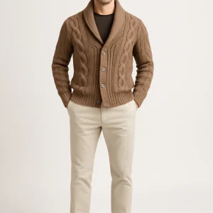 Cardigan à revers torsadé pour hommes : Col unique, manches longues