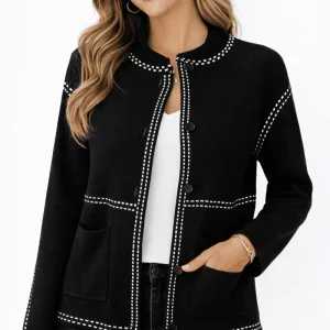 Cardigan en Tricot à Boutons pour Femmes avec Bord Contrastant Noir