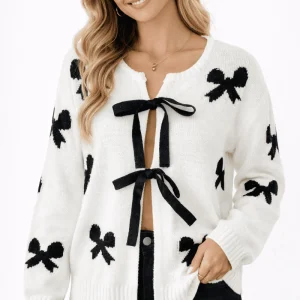 Cardigan en Tricot avec Détail de Nœud à Lacets pour Femmes