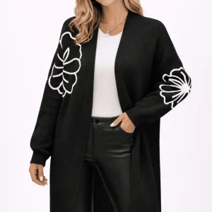 Cardigan ouvert à épaules tombantes avec broderie florale pour femmes