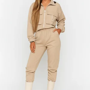 Ensemble chic deux pièces décontracté avec col zippé et manches longues