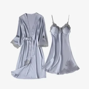 Ensemble Nuisette Et Kimono en Satin Et Dentelle