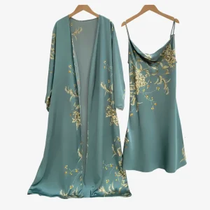 Ensemble Nuisette Kimono Long Fleuri Vert D'eau