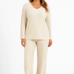 Ensemble Top à Col V et Pantalon à Côtes pour Femmes avec Poches