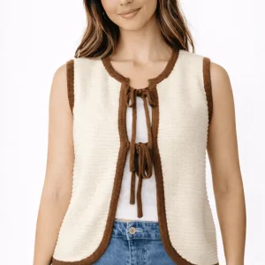 Gilet en Tricot Côtelé pour Femmes avec Finitions Contrastées et Liens