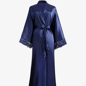 Kimono Long en Satin Bleu Uni Femme