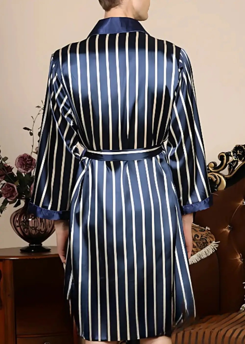 Peignoir Kimono Homme Satiné Bleu à Rayures – Image 2