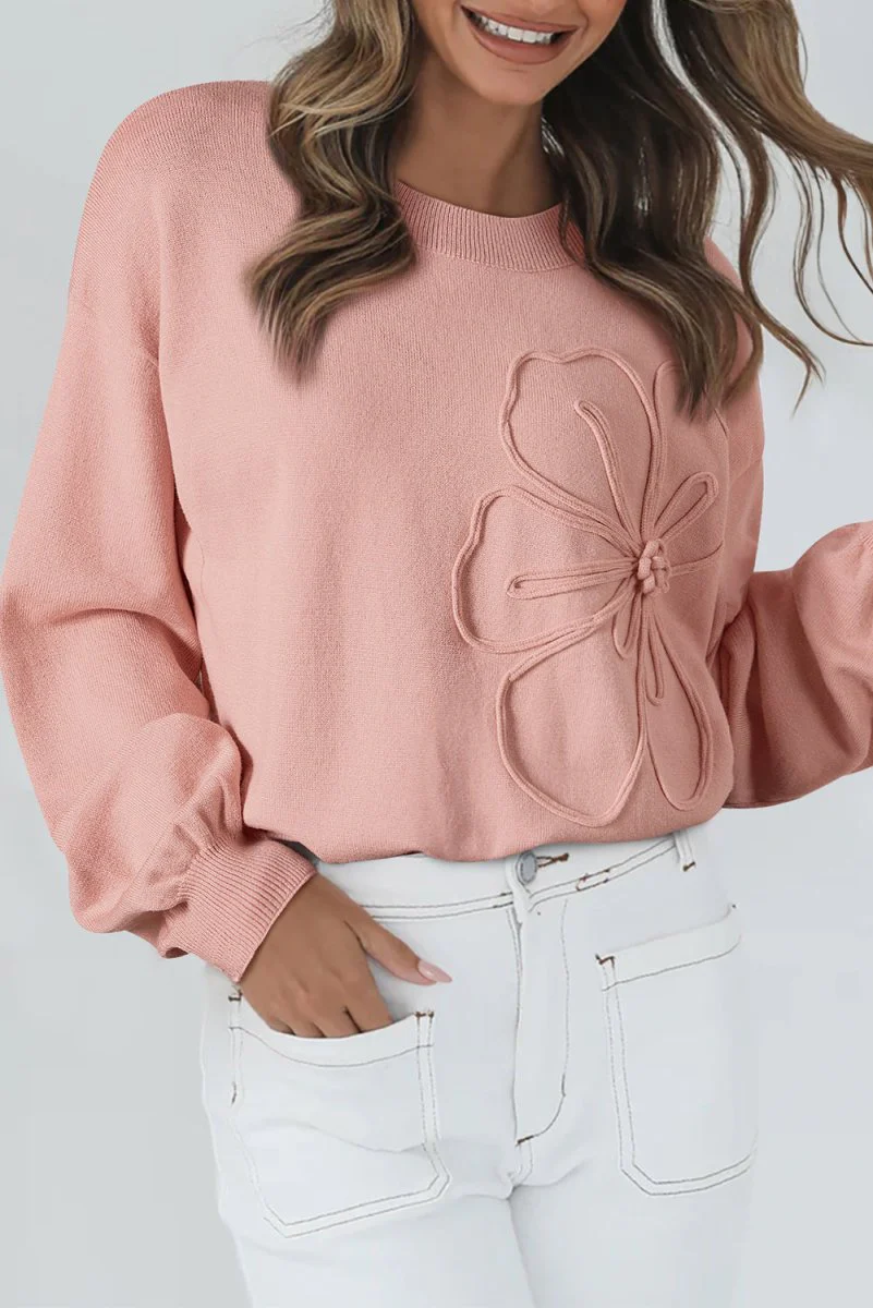Pull à manches bouffantes avec accent de grande fleur pour femmes – Image 2