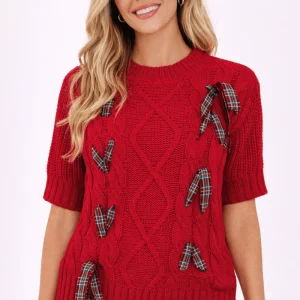 Pull à manches courtes bouffantes à carreaux rouges pour femmes avec détail à lacets
