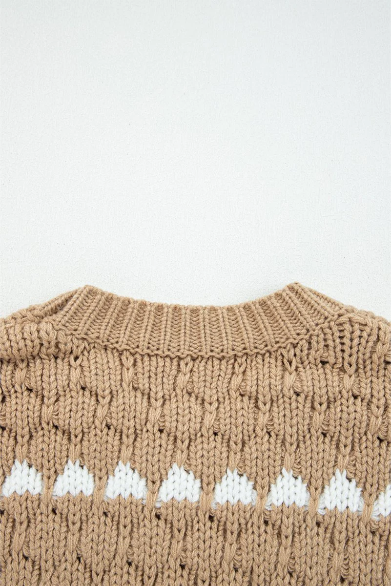 Pull ample à manches bouffantes en tricot texturé avec détails contrastés pour femmes – Image 7