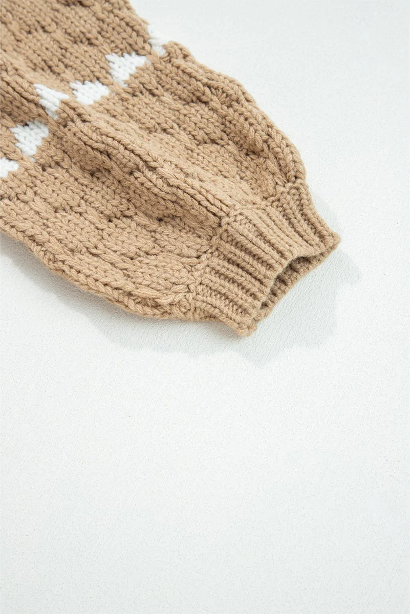 Pull ample à manches bouffantes en tricot texturé avec détails contrastés pour femmes – Image 8