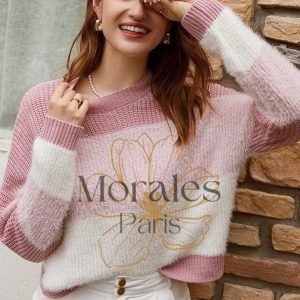 Pull Bohème Rose et Blanc