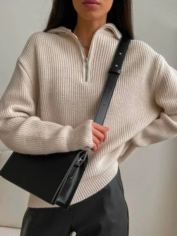 Pull décontracté à col roulé et fermetures à glissière pour femmes - Pull à manches longues – Image 3