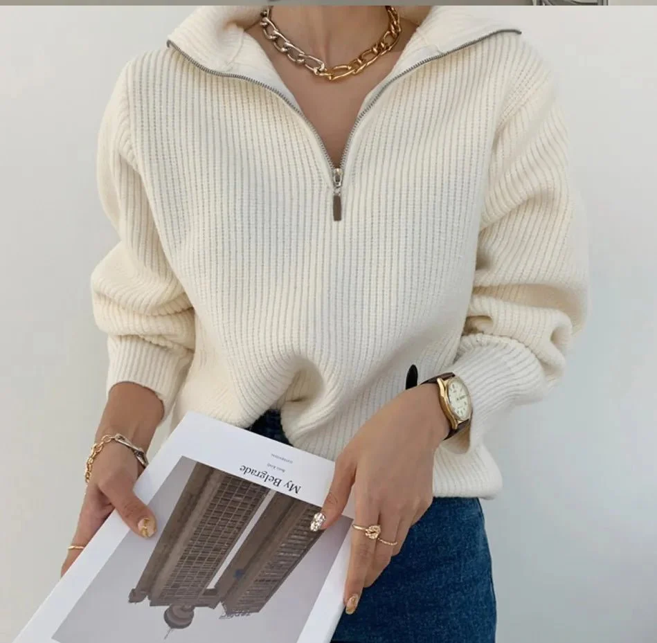Pull décontracté à col roulé et fermetures à glissière pour femmes - Pull à manches longues – Image 7