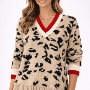 Pull en maille côtelée à motif léopard pour femme