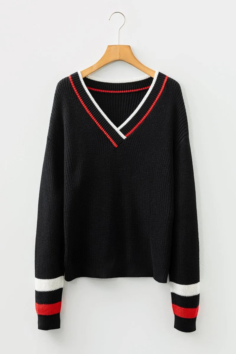 Pull Femme Noir à Rayures Contrastées Col V Épaules Tombantes – Image 8