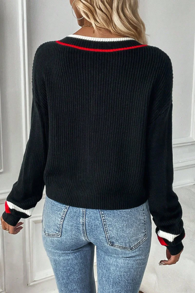 Pull Femme Noir à Rayures Contrastées Col V Épaules Tombantes – Image 3