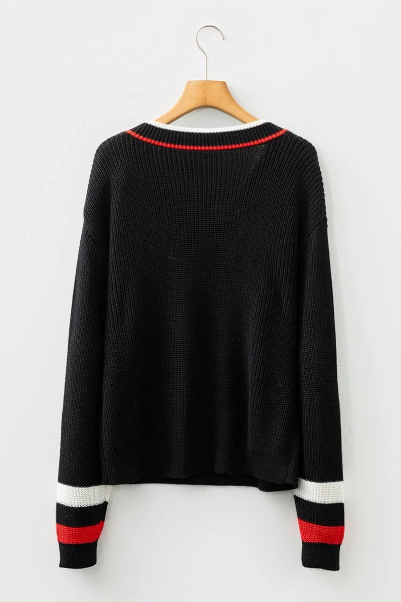 Pull Femme Noir à Rayures Contrastées Col V Épaules Tombantes – Image 9