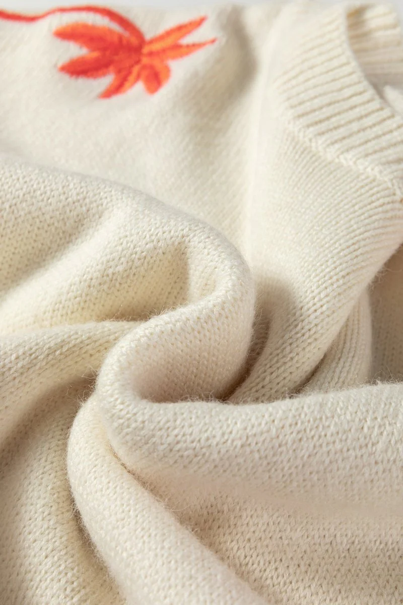 Pull Loose à Col Rond avec Manches Florales Beiges pour Femmes – Image 8