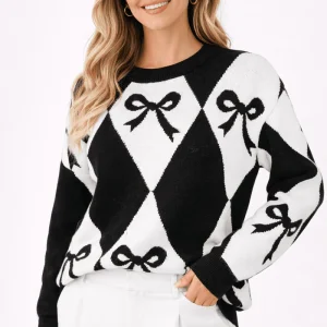 Pull Loose Bicolore avec Imprimé Nœud pour Femmes