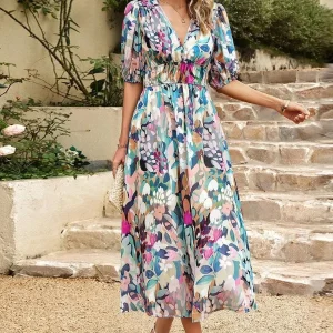Robe à Motifs Champêtres Ourlet Asymétrique