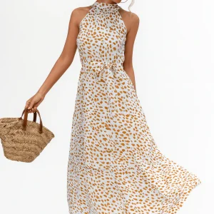 Robe maxi élégante à imprimé pois/fleuri pour vacances