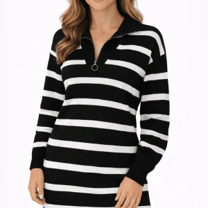Robe Pull Ample à Col Zippé et O-ring à Rayures pour Femmes