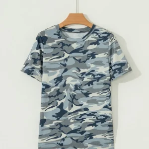T-shirt à col rond pour hommes avec imprimé camouflage et haute élasticité