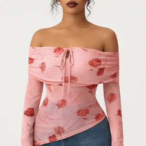 Top femme épaules dénudées en maille à imprimé floral